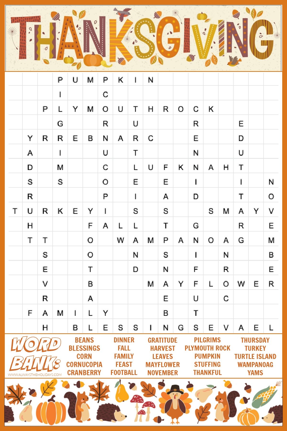 Free Thanksgiving Word Search Printable With Answers Included