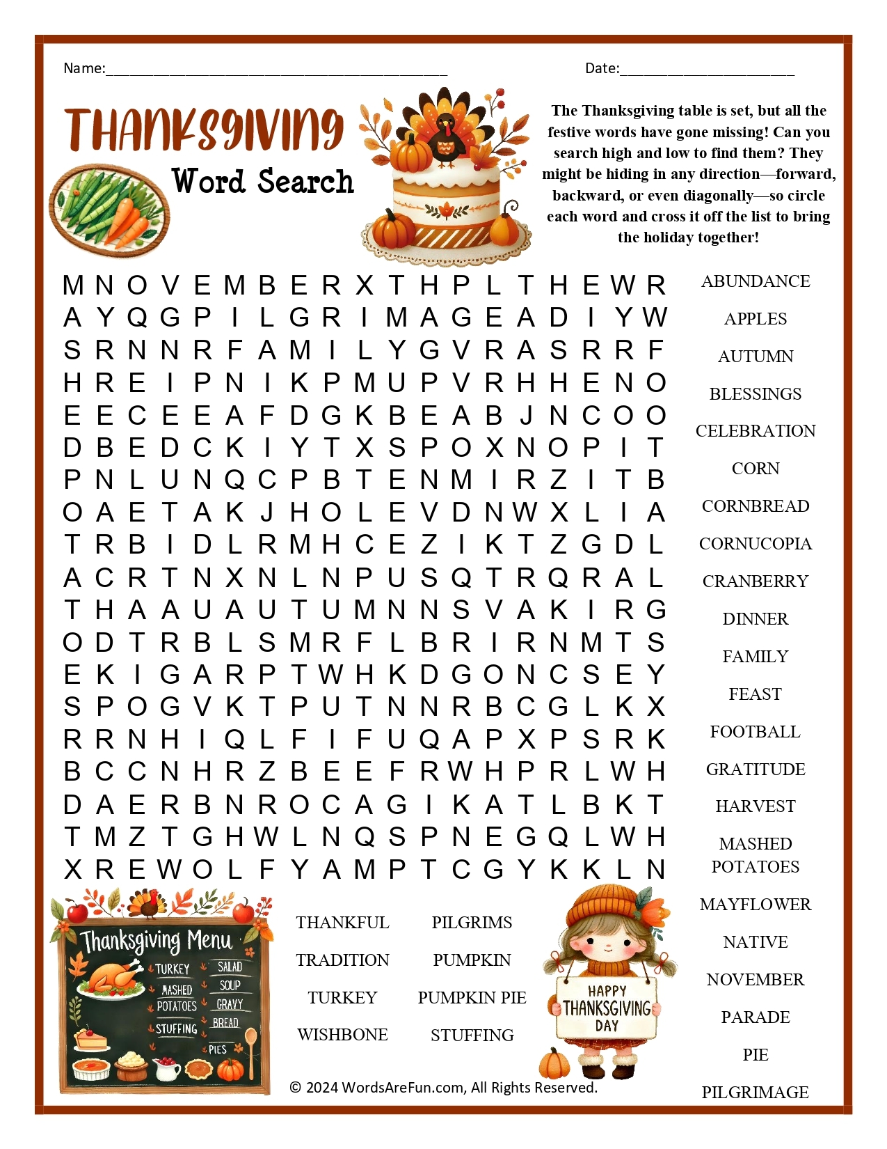 Thanksgiving Adult Word Search Printable Thanksgiving Adult Word Search Printable