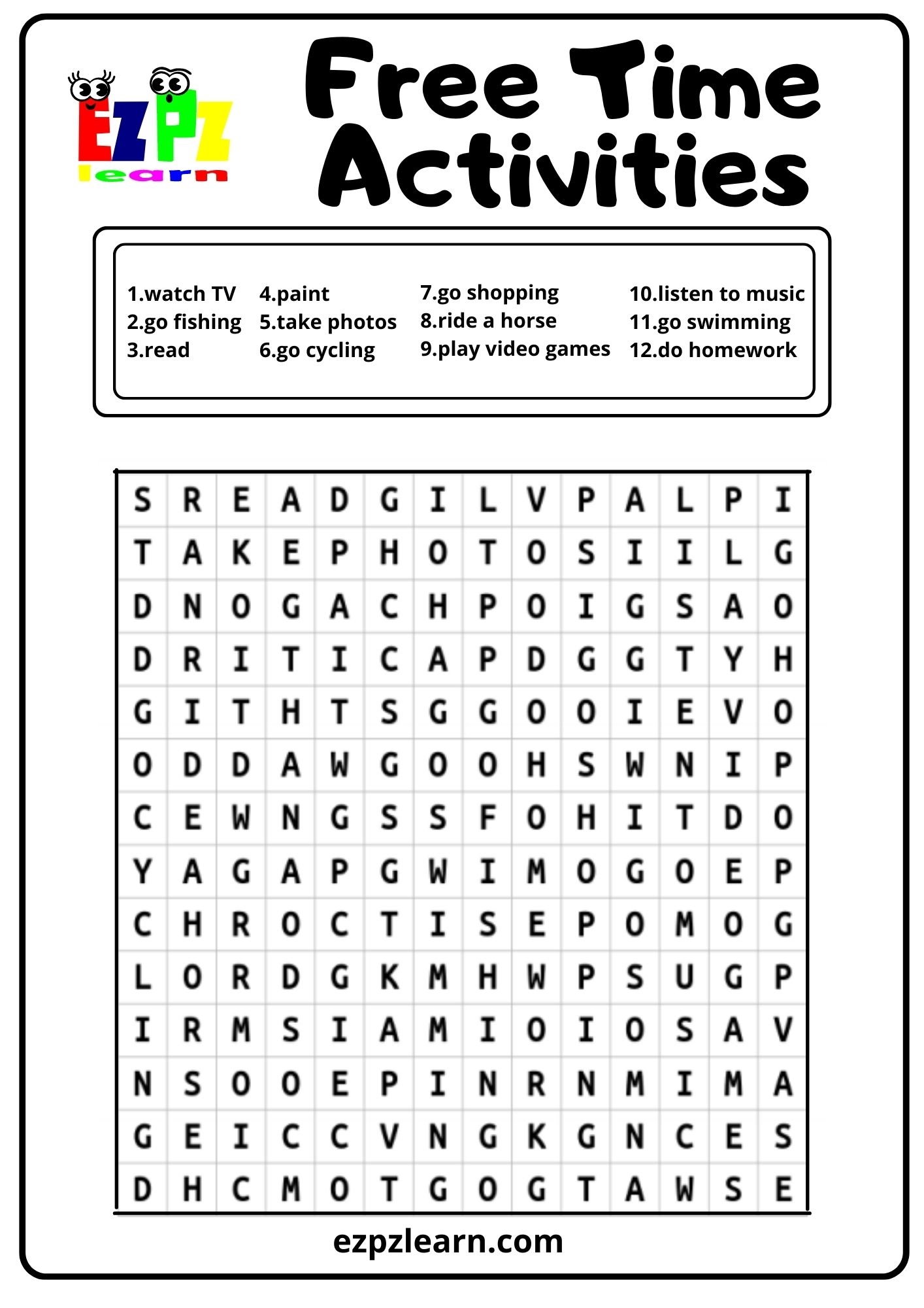 Free Time Activities Word Search Ezpzlearn