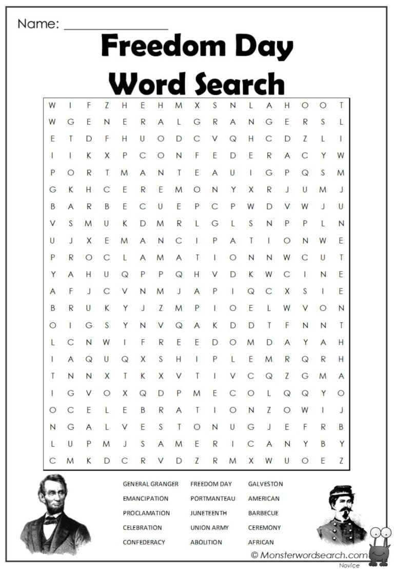 Freedom Day Word Search Monster Word Search