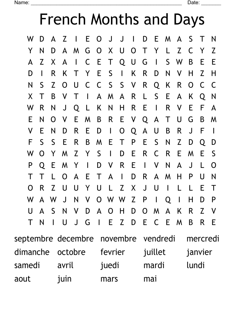 French Months And Days Word Search WordMint