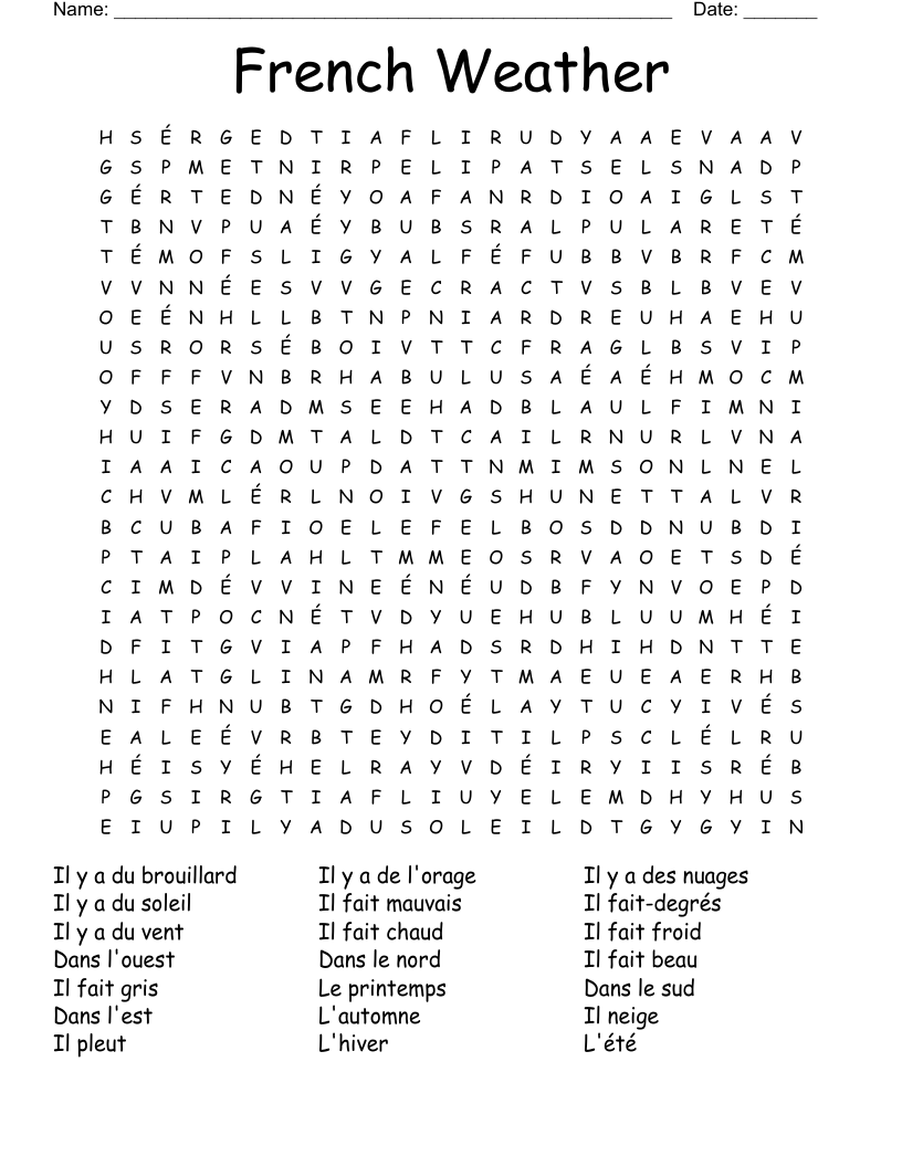 French Weather Word Search WordMint