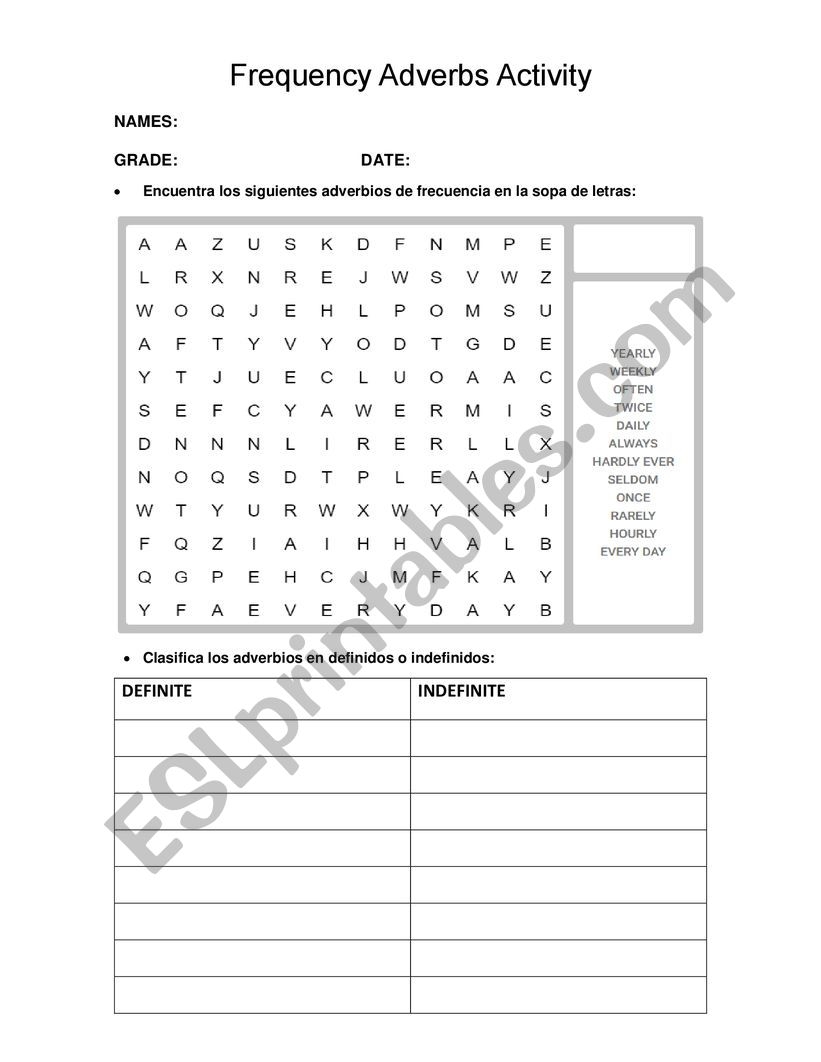 Frequency Adverbs Word Search ESL Worksheet By 1067927335