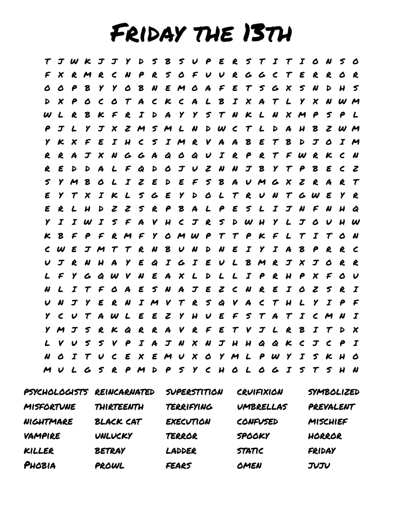 Friday 13th And Superstitions Word Search WordMint