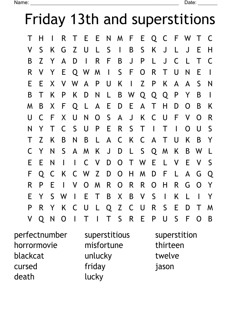 Friday 13th And Superstitions Word Search WordMint