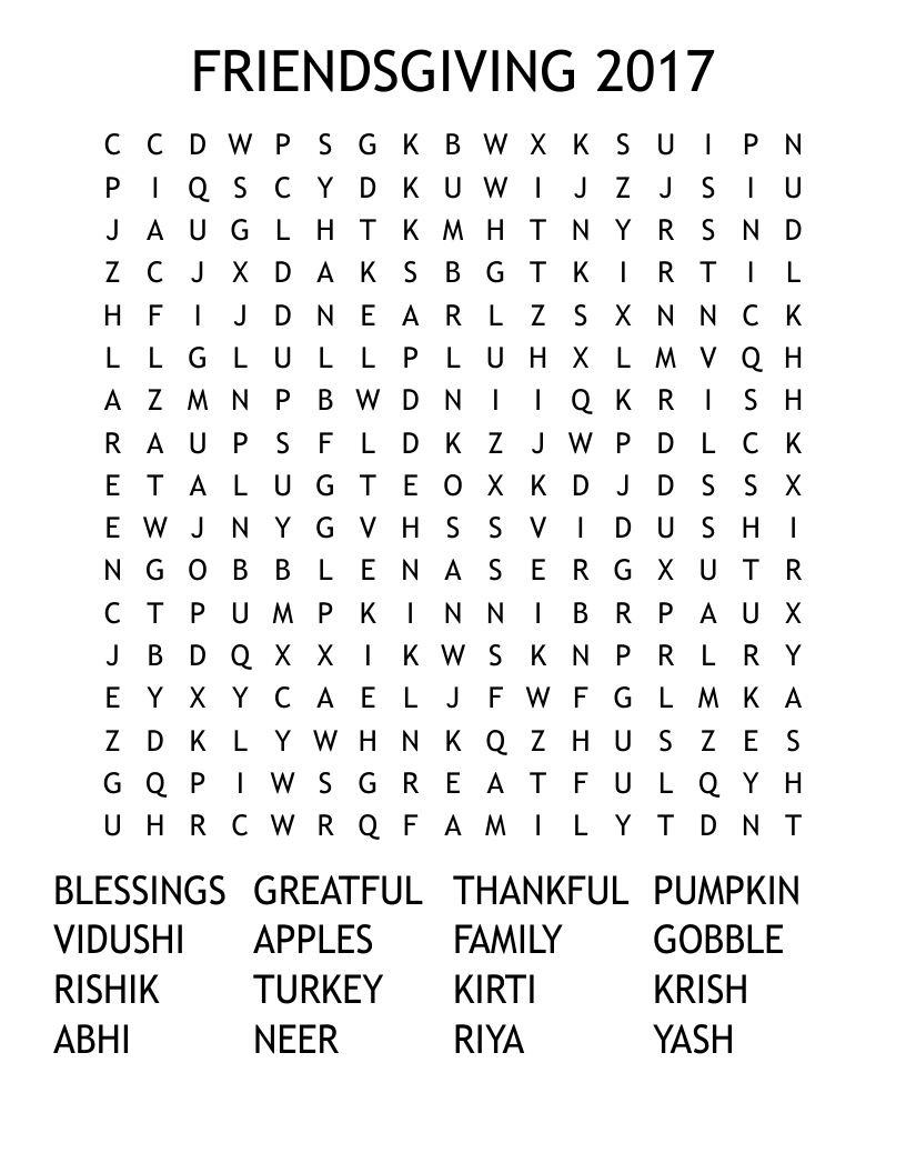 FRIENDSGIVING 2017 Word Search WordMint