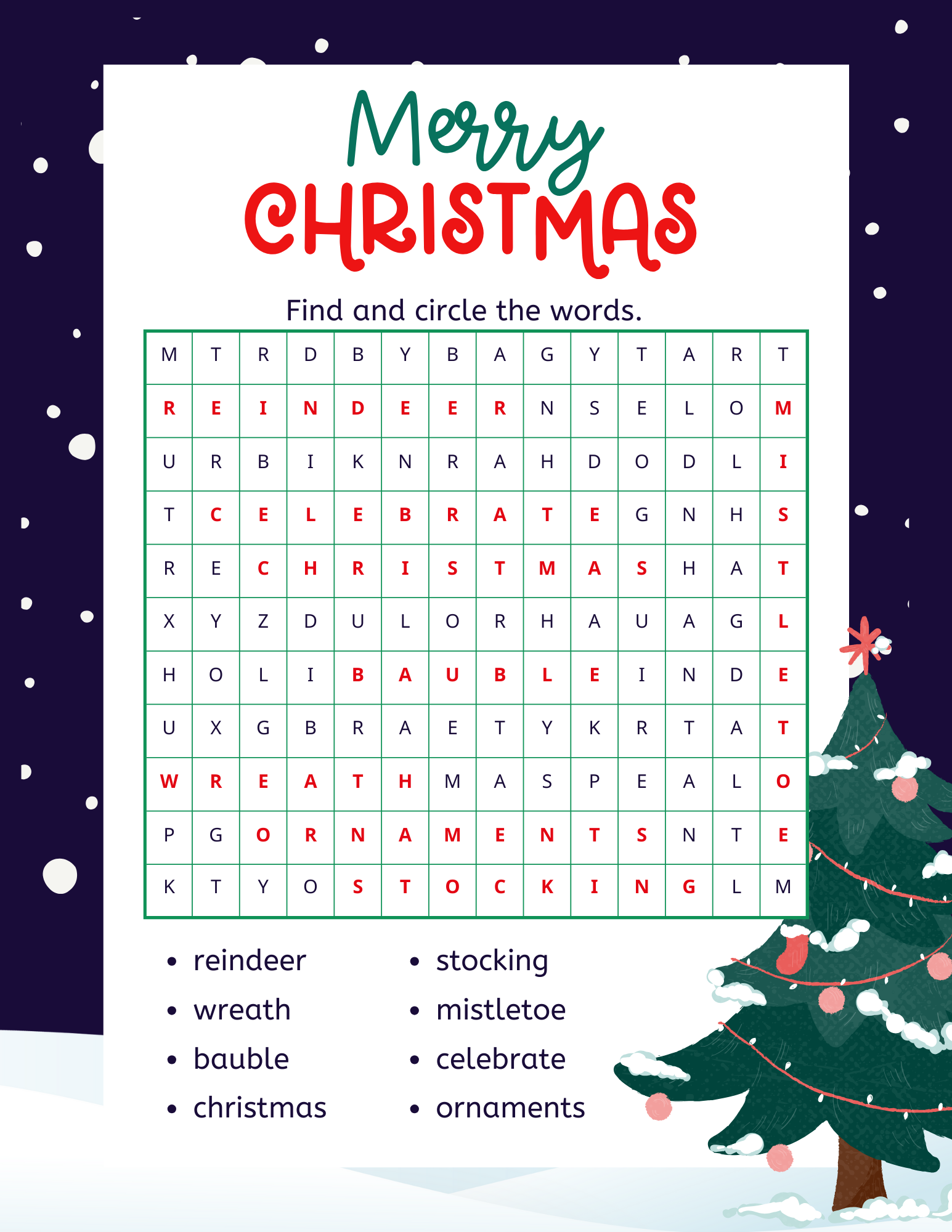 Printable Christmas Word Search Worksheets
