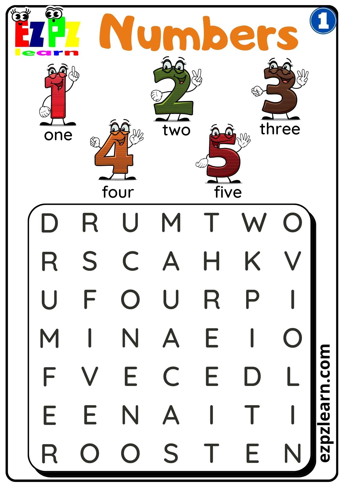 G1 Numbers Word Search Worksheet For Kindergarten And ESL Students Free Download Ezpzlearn