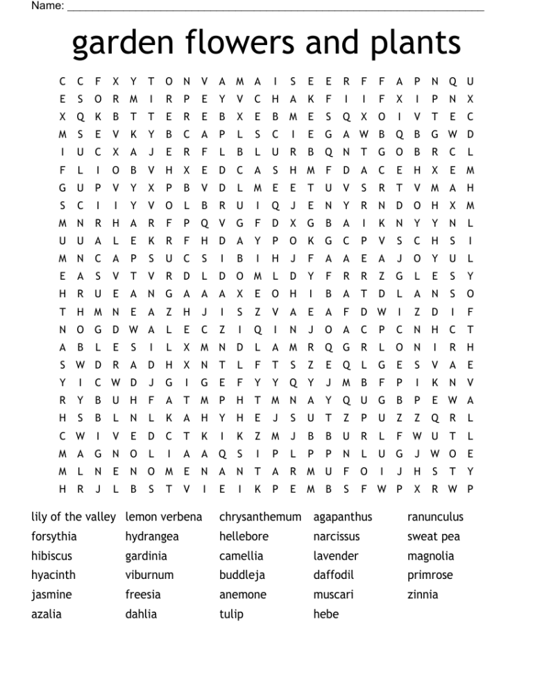 Garden Flowers And Plants Word Search WordMint