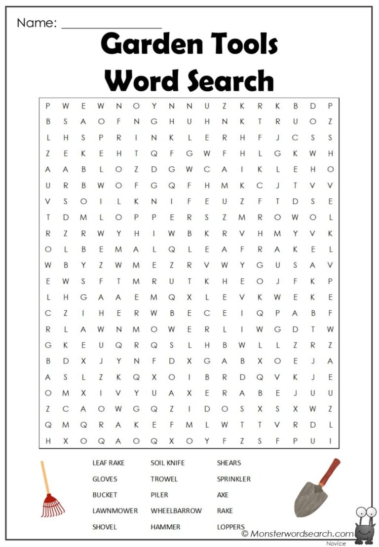 Garden Tools Word Search Monster Word Search