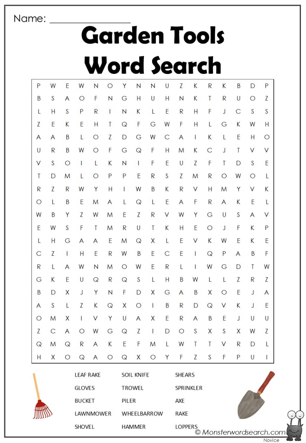 Garden Tools Word Search Monster Word Search