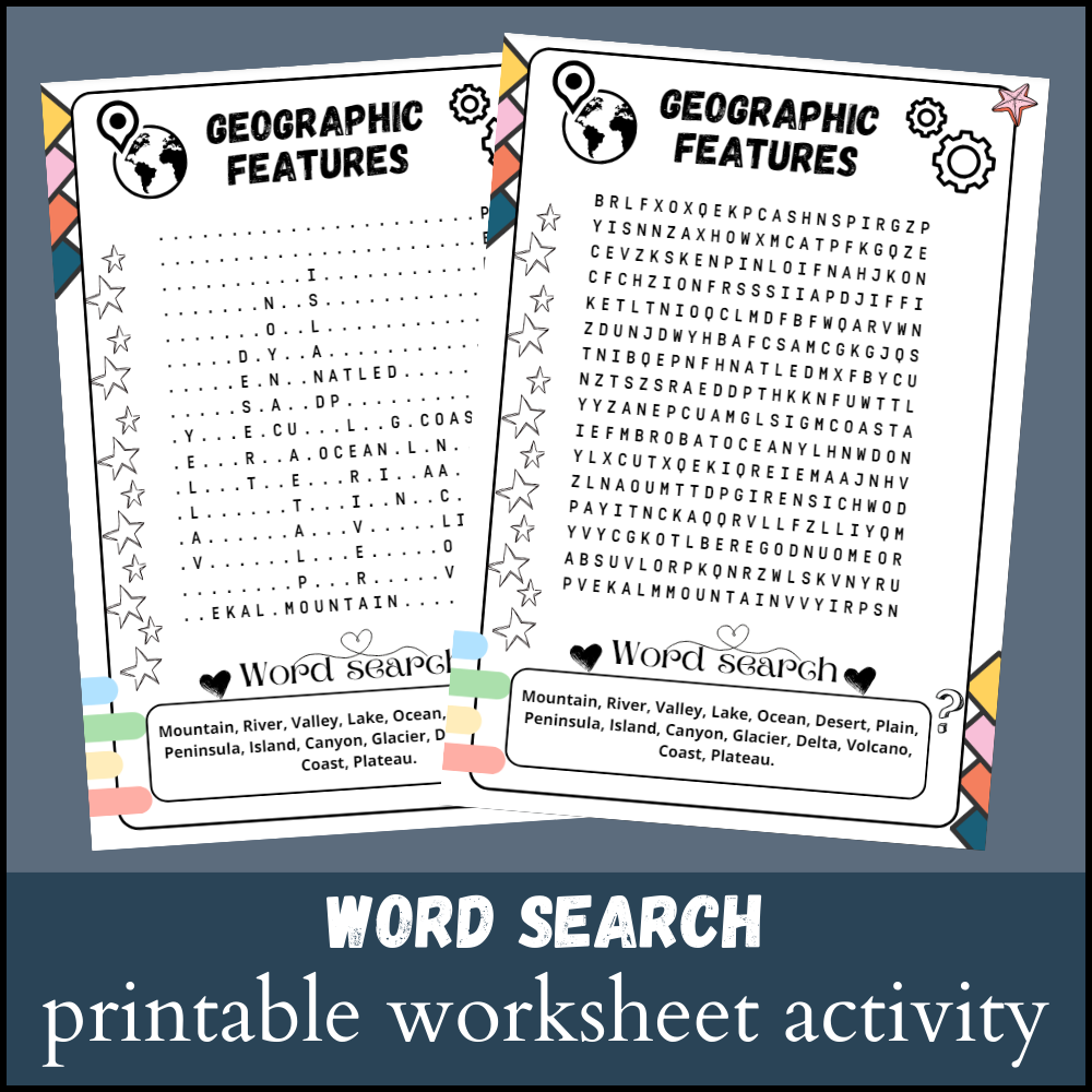 Geographic Features Word Search Puzzle Worksheet Activity