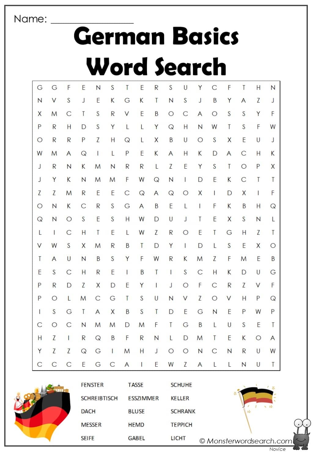 German Basics Word Search Monster Word Search