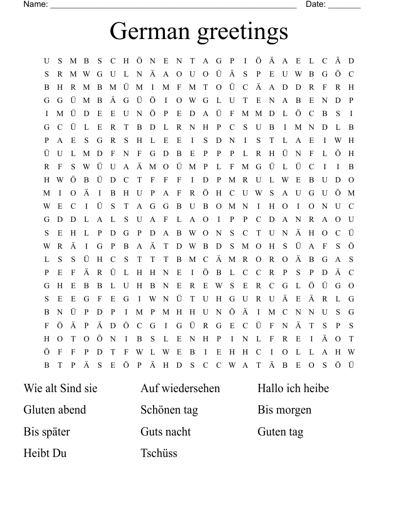 German Greetings Word Search WordMint