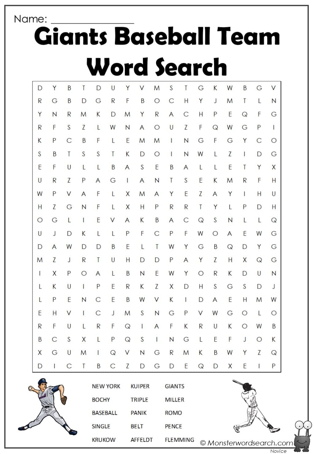 Giants Baseball Team Word Search Monster Word Search