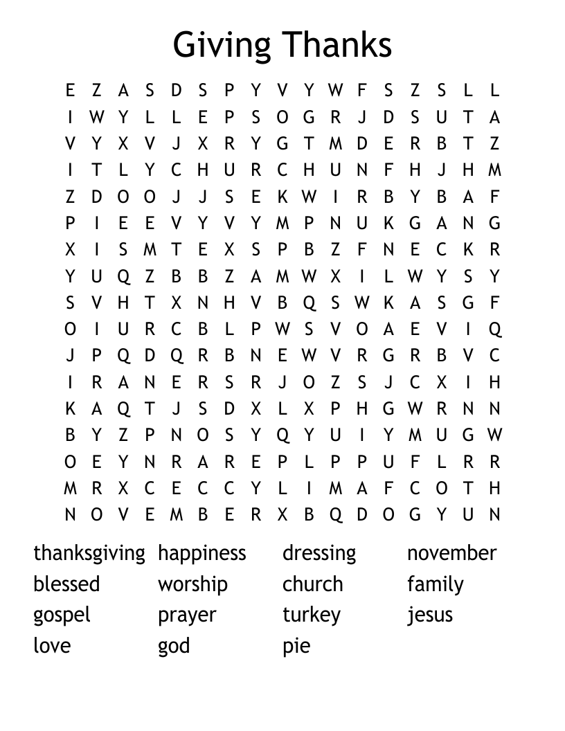 Giving Thanks Word Search WordMint