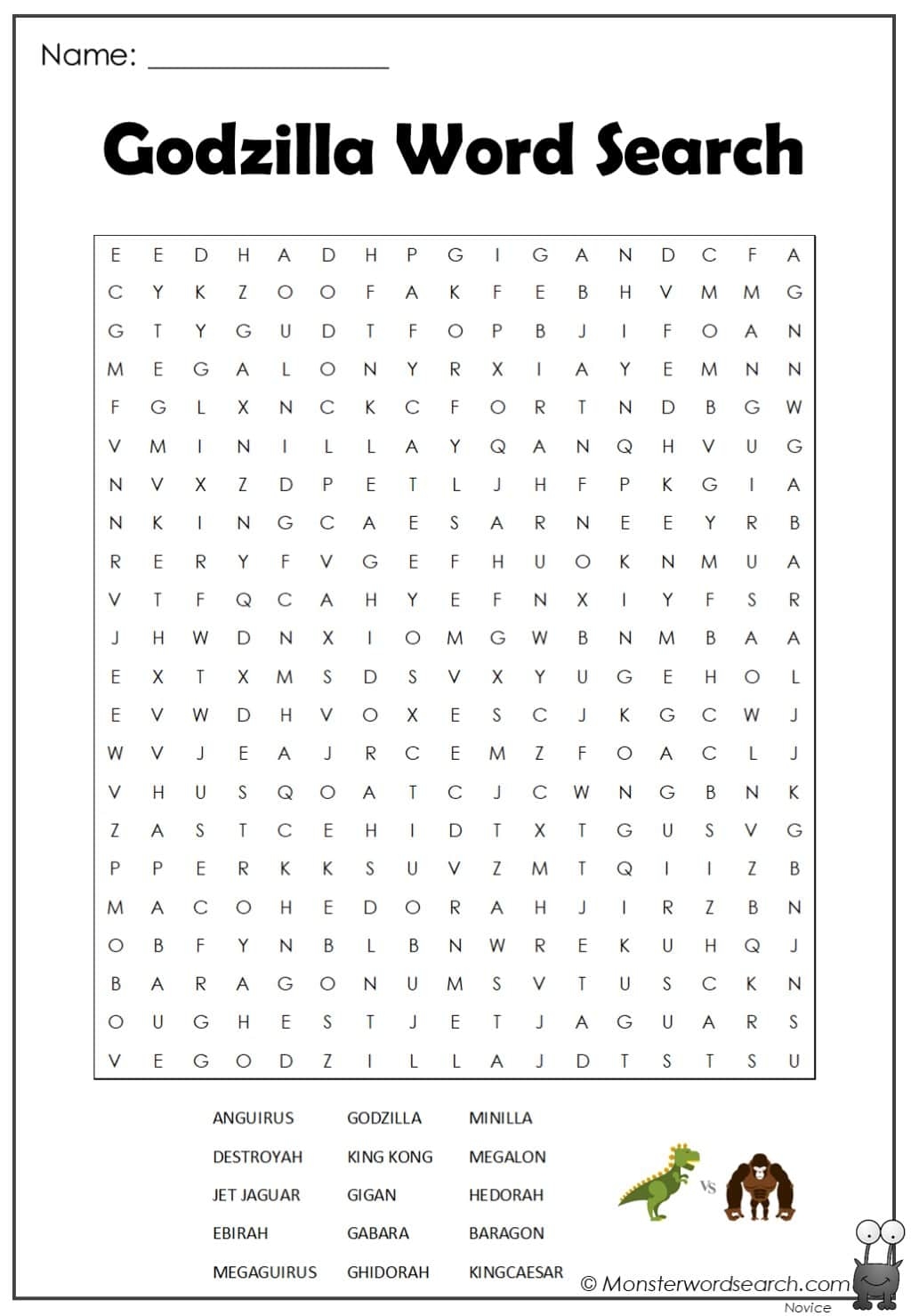 Godzilla Word Search Monster Word Search