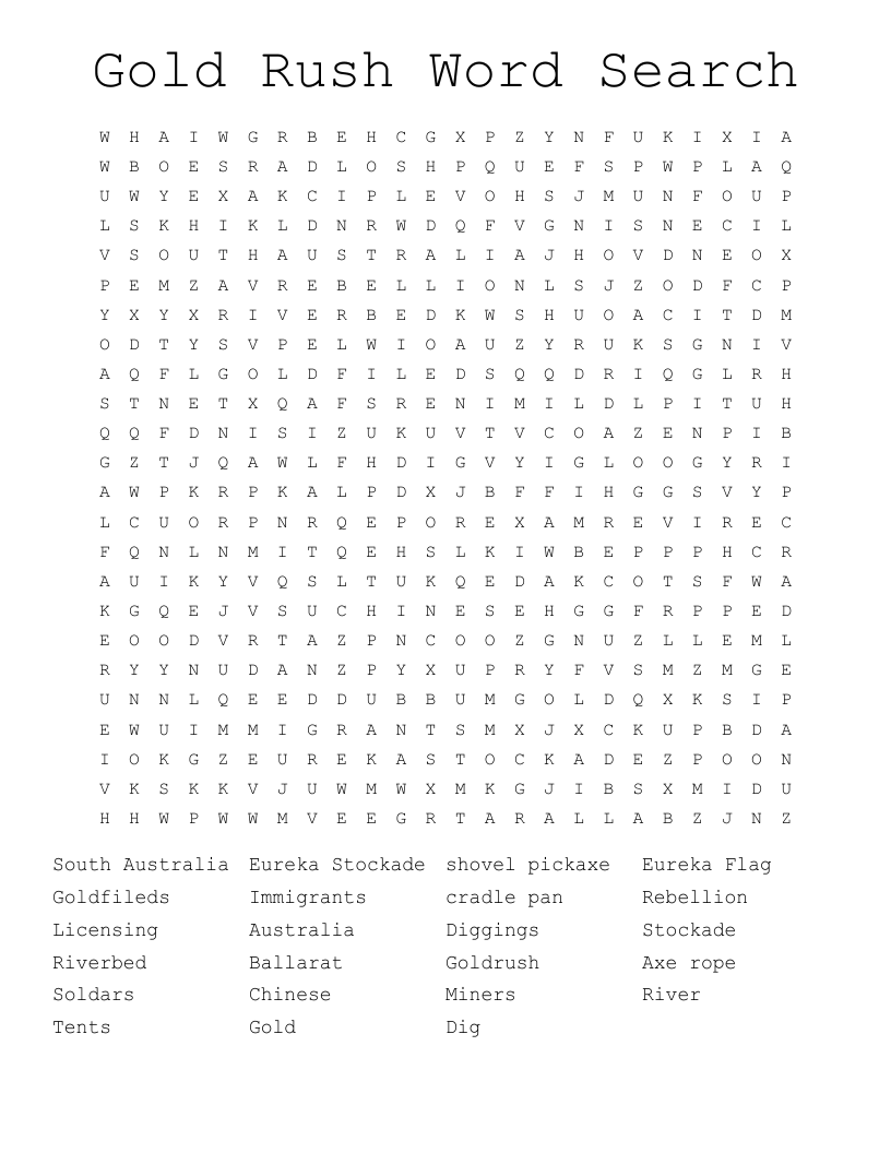 Gold Rush Word Search WordMint