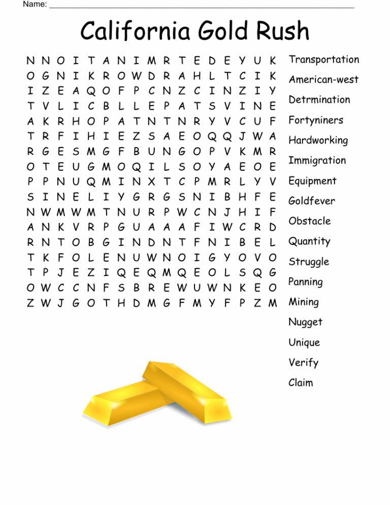 Gold Rush Word Search WordMint