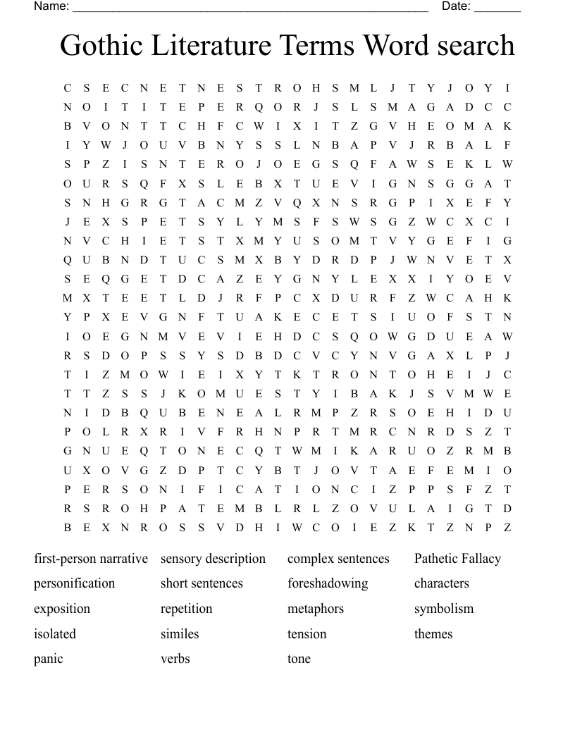 Gothic Literature Terms Word Search WordMint