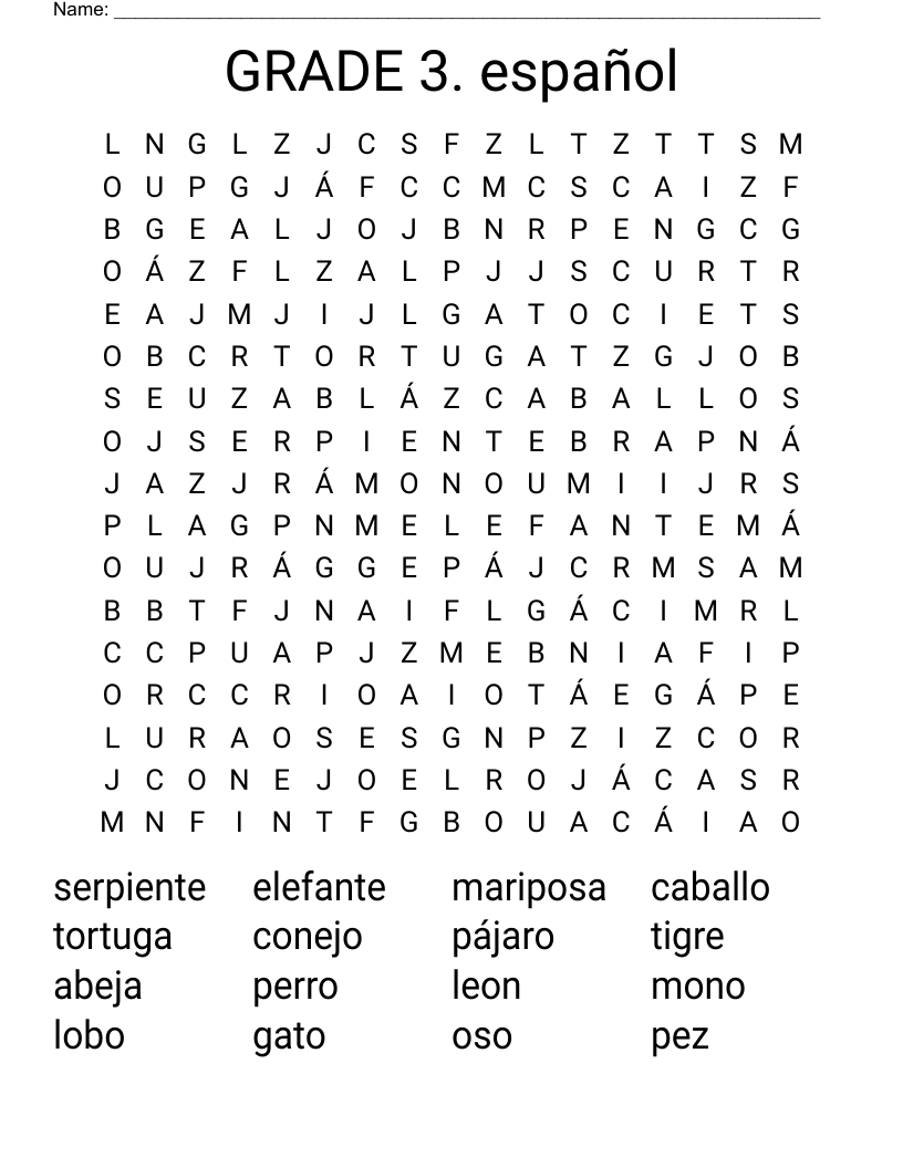 GRADE 3 Espa ol Word Search WordMint