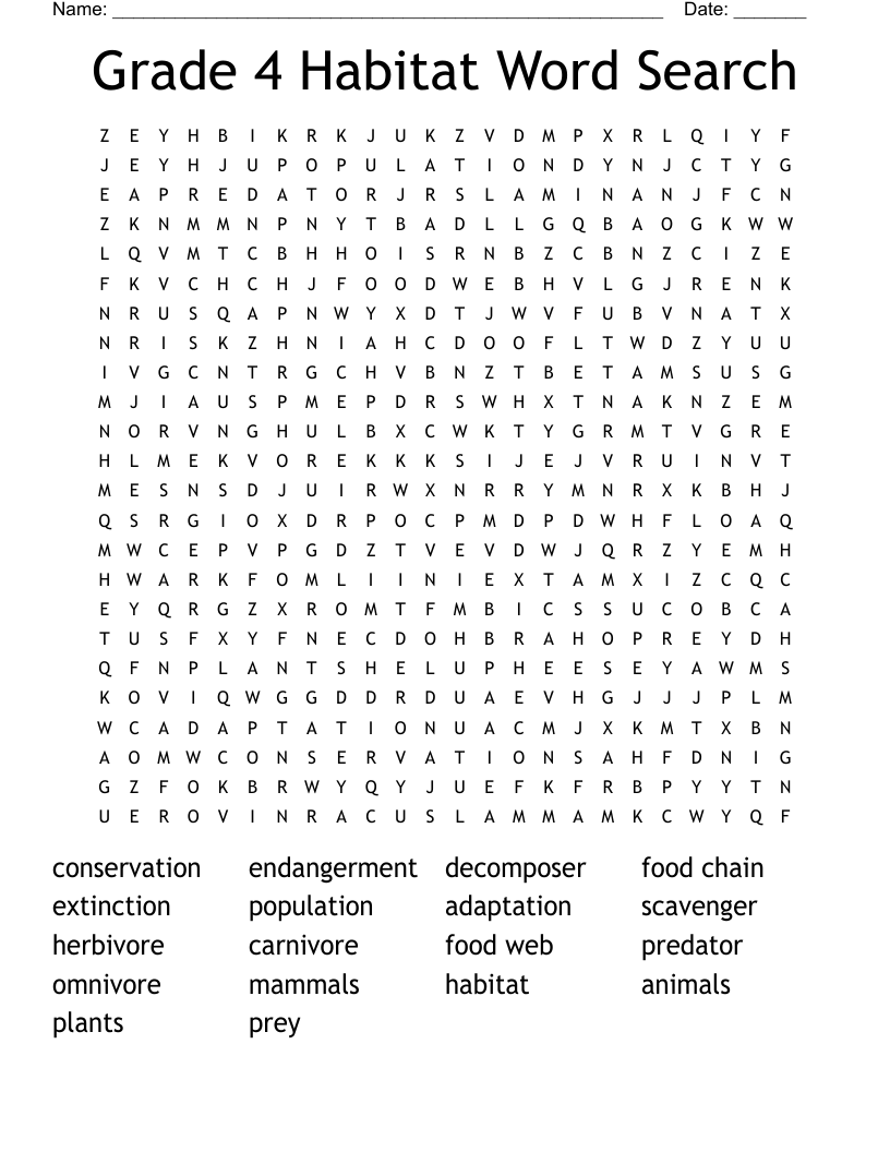 Grade 4 Habitat Word Search WordMint