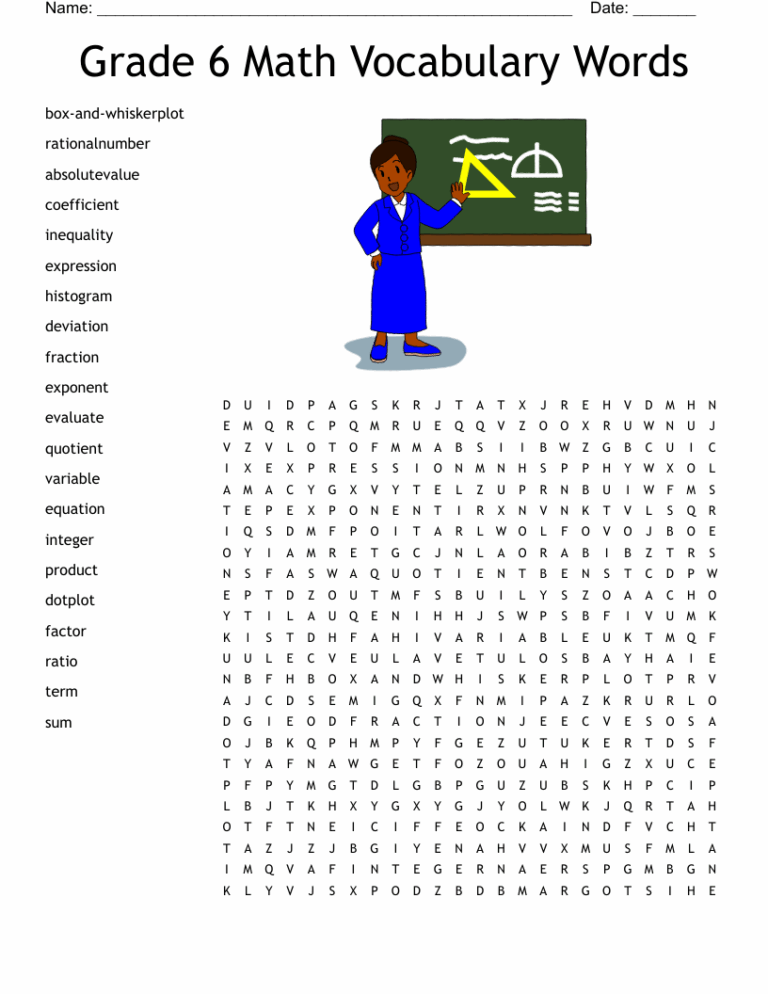 Grade 6 Math Vocabulary Words Word Search WordMint