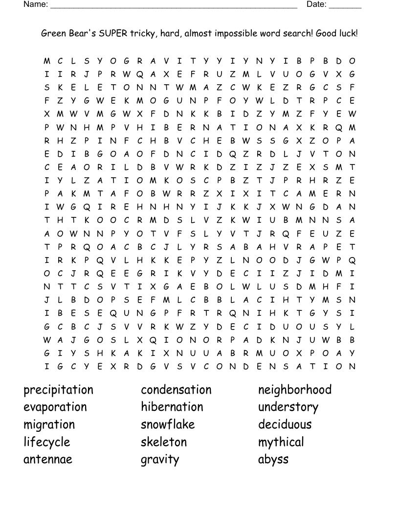 Green Bear s SUPER Tricky Hard Almost Impossible Word Search
