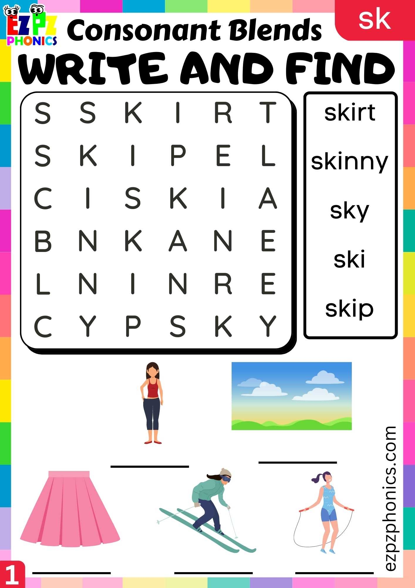 Group1 SK Words Write And Find Phonics Consonant Blends Worksheet Ezpzphonics
