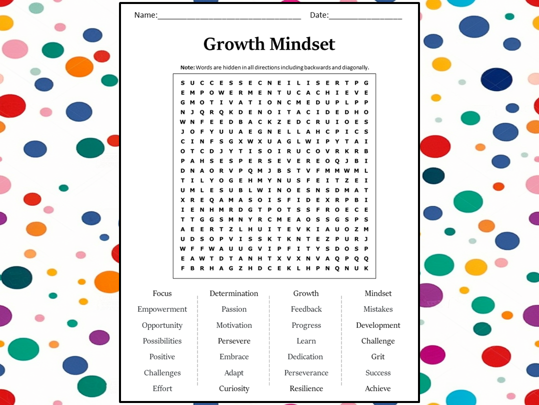 Growth Mindset Word Search Puzzle Worksheet Activity Teaching 