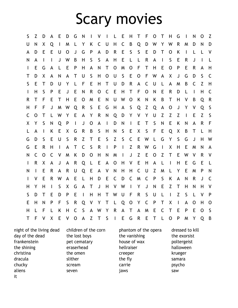 Halloween Movies Word Search WordMint