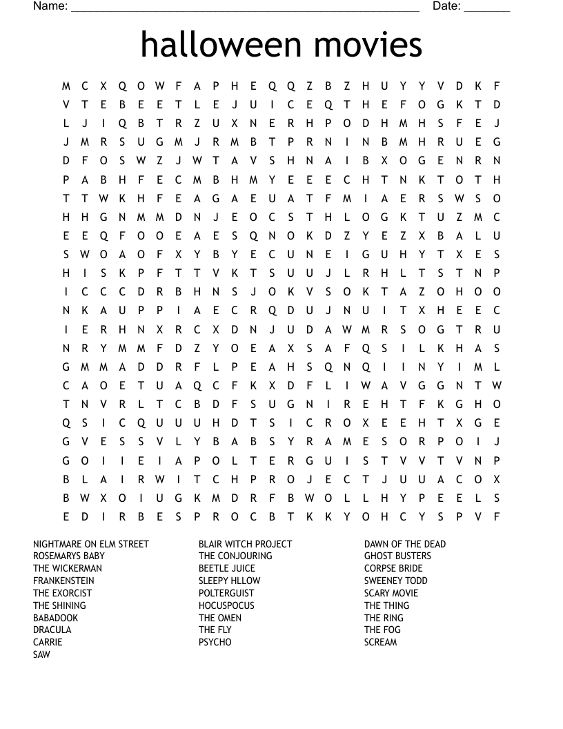 Word Search Movies Printable