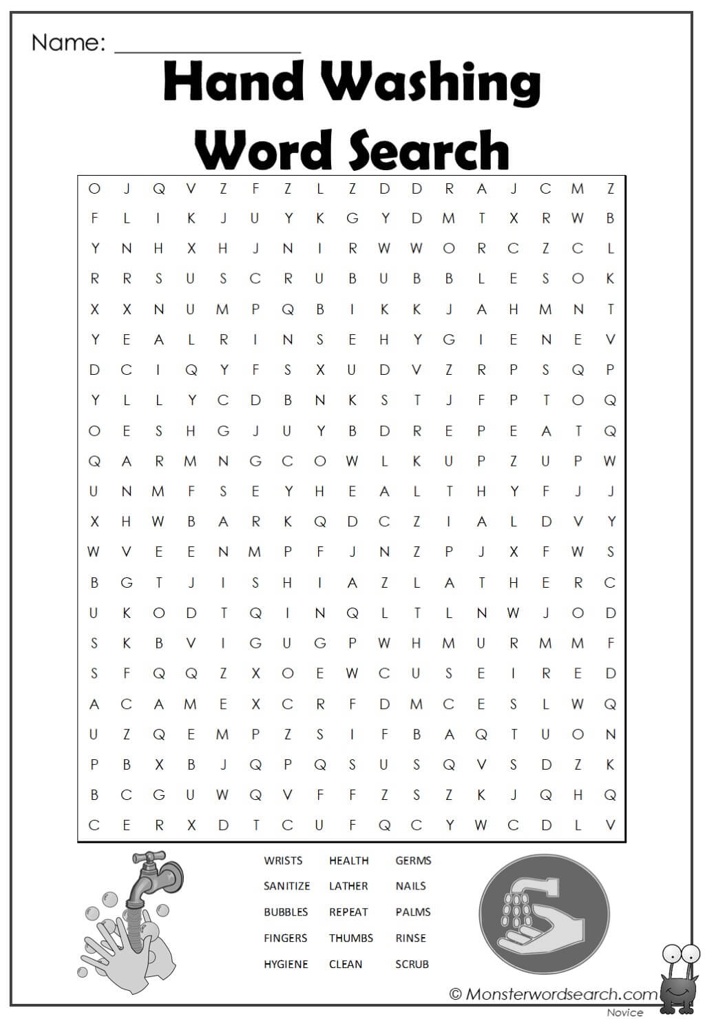 Hand Washing Word Search Monster Word Search