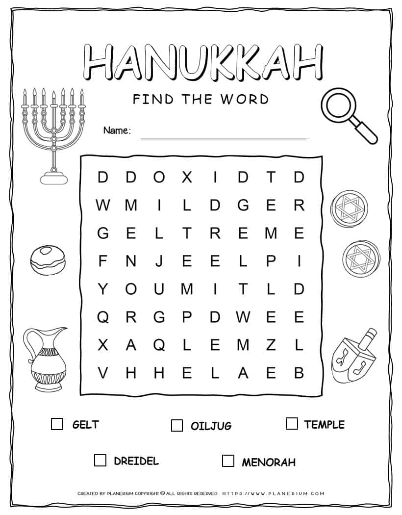 Hanukkah Word Search With Five Words Planerium