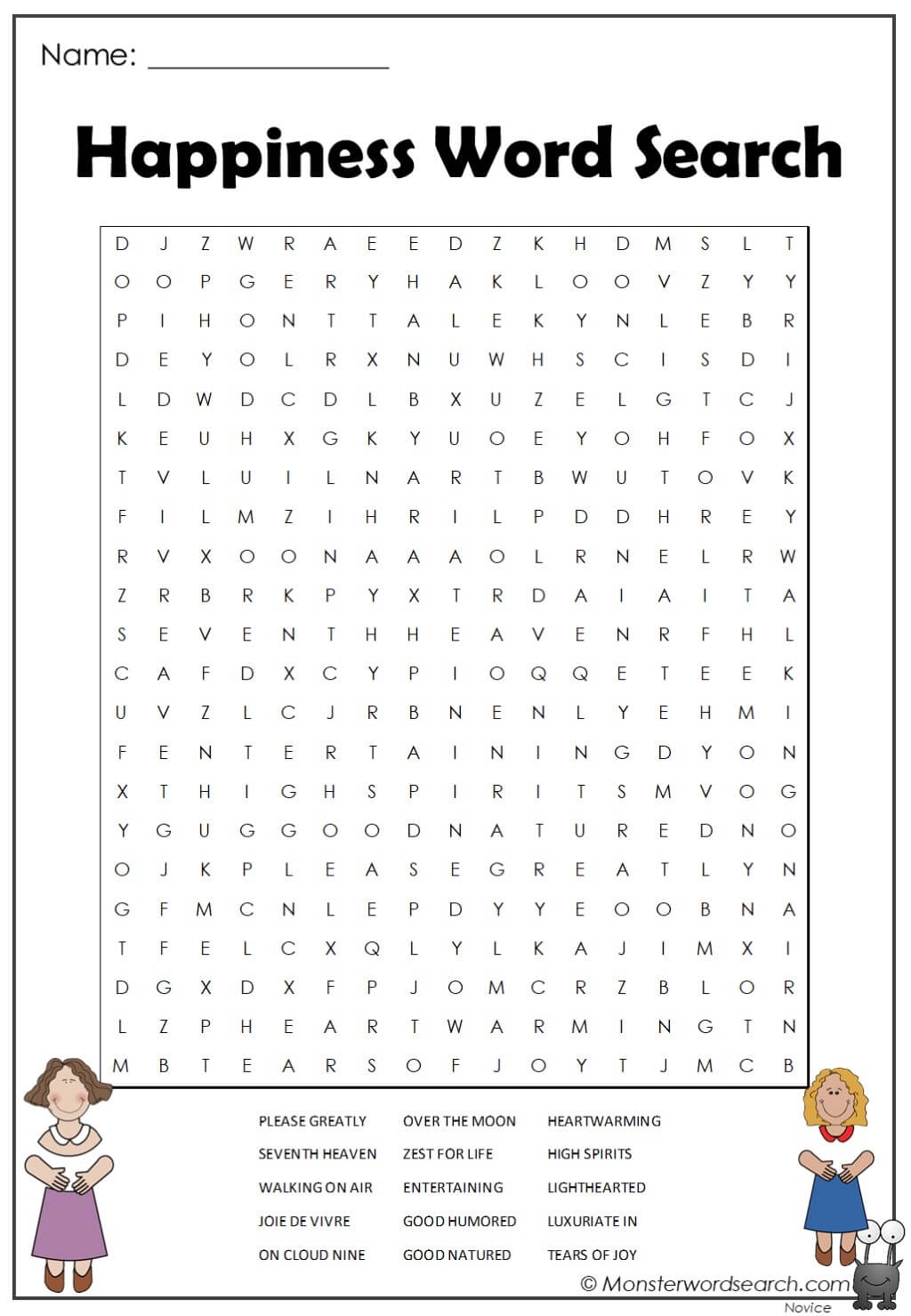 Happiness Word Search Monster Word Search