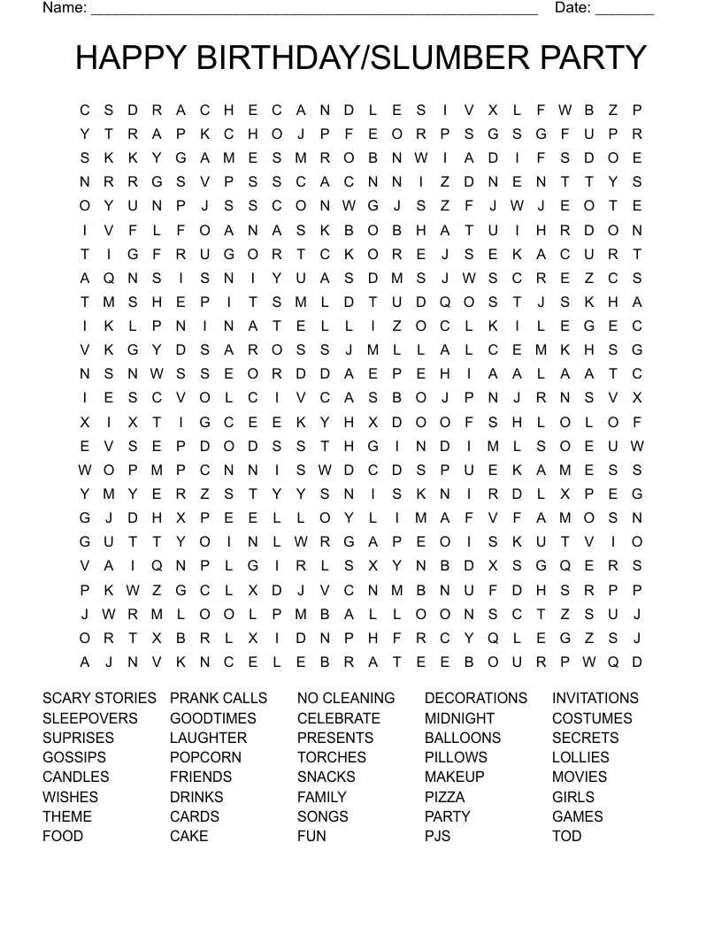 HAPPY BIRTHDAY SLUMBER PARTY Word Search WordMint