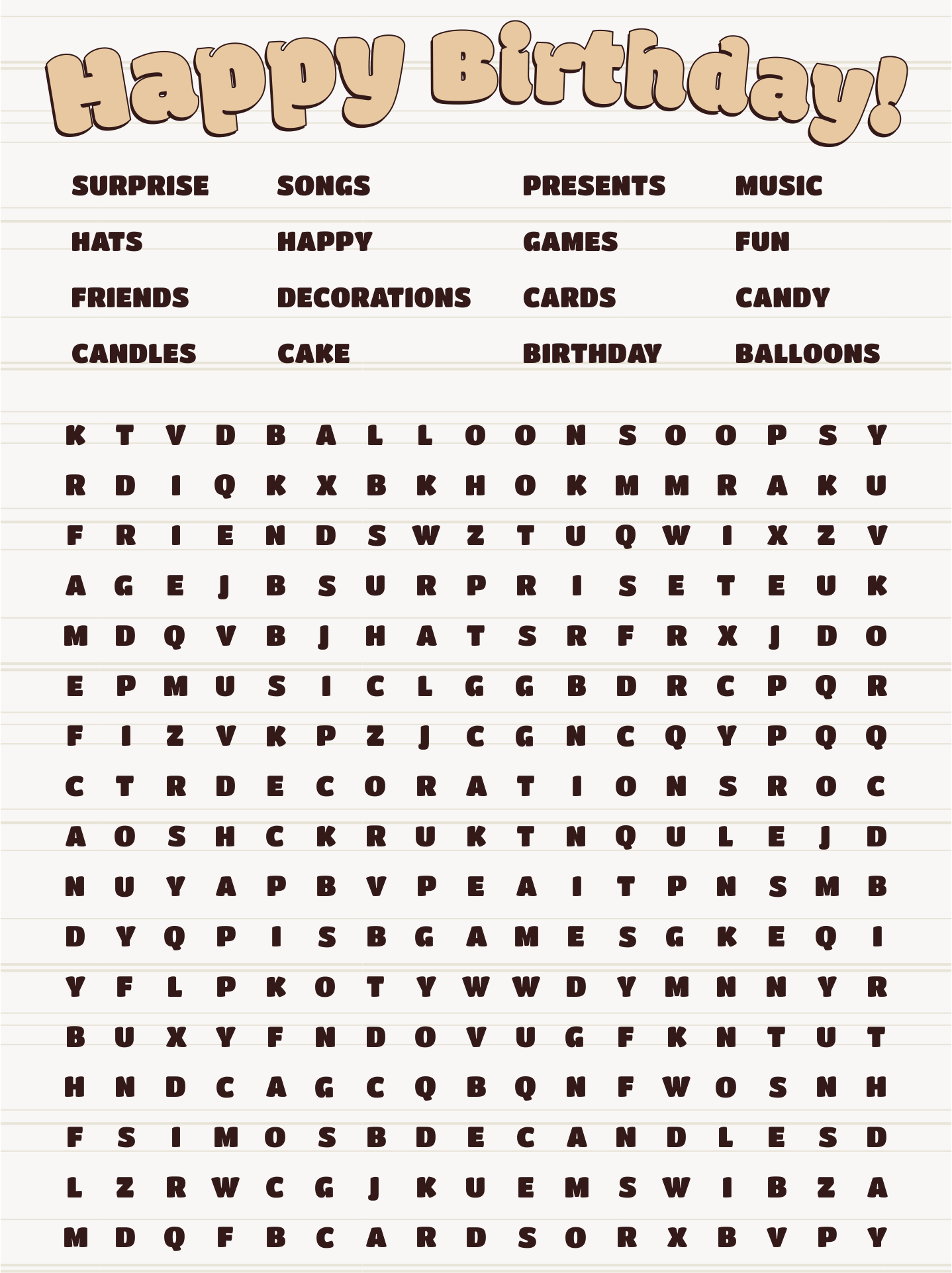 Free Hard Printable Birthday Word Search