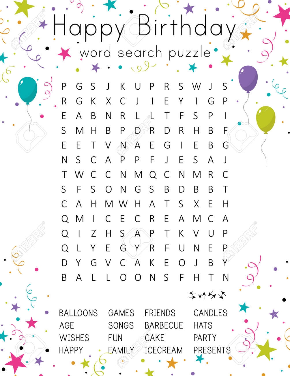 Happy Birthday Word Search Puzzle Educational Game For Kids 