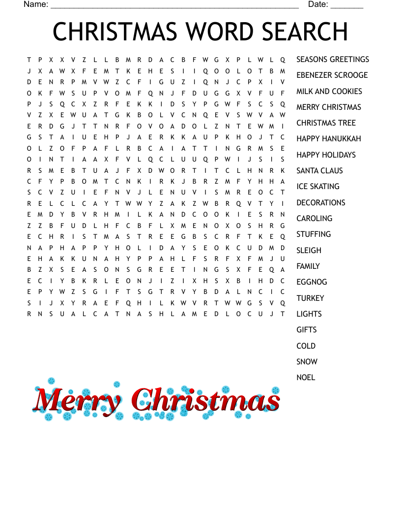 Happy Holidays Word Search Printable