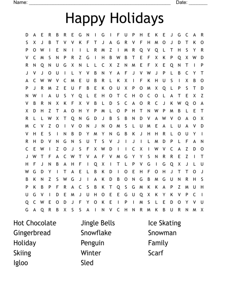 Happy Holidays Word Search WordMint