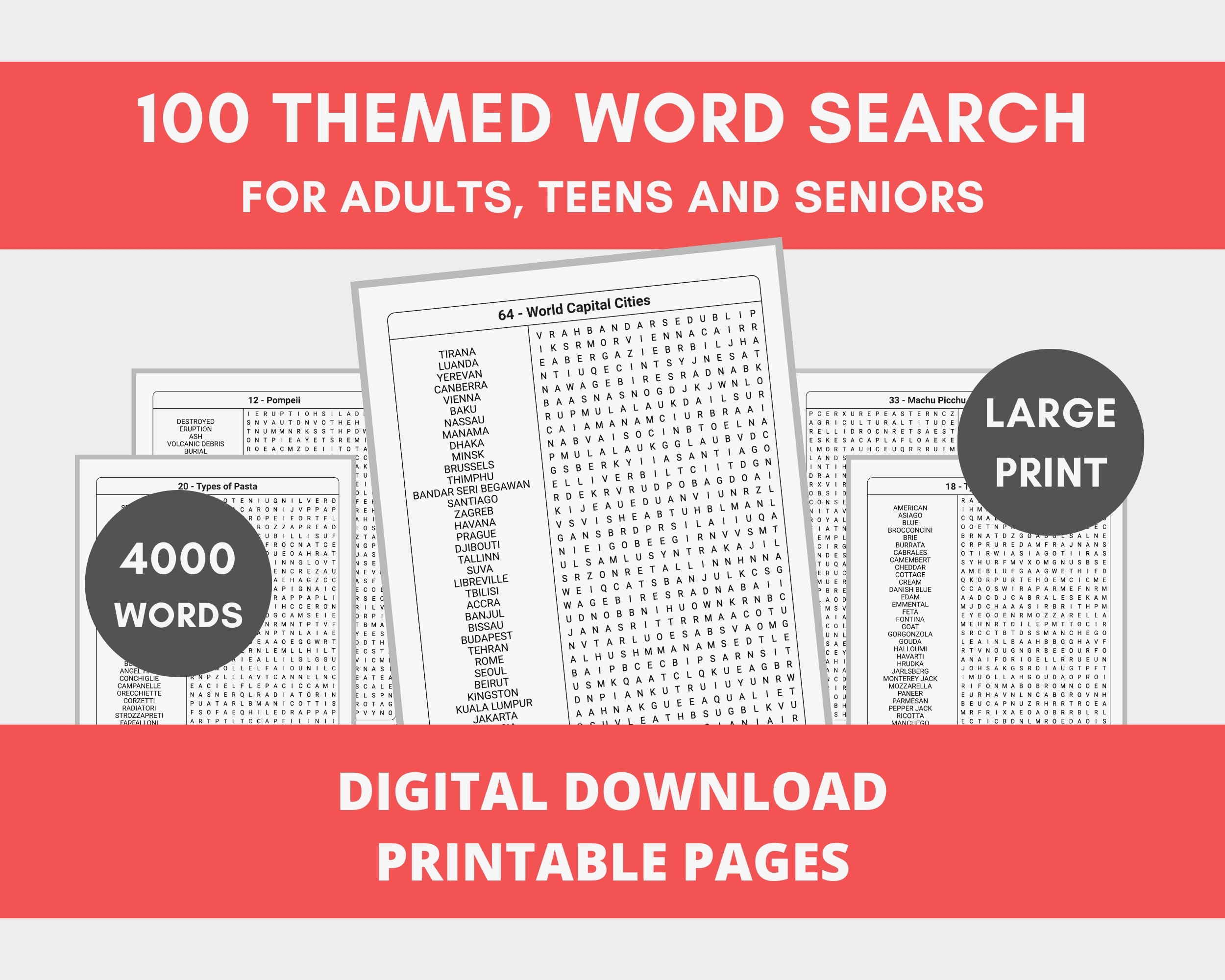 Hard Word Search Printable Adults Large Print Word Search 4000 Words Difficult Word Search Printable PDF Etsy UK