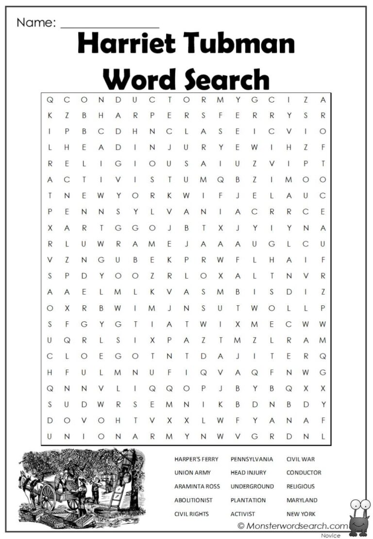 Harriet Tubman Word Search Monster Word Search