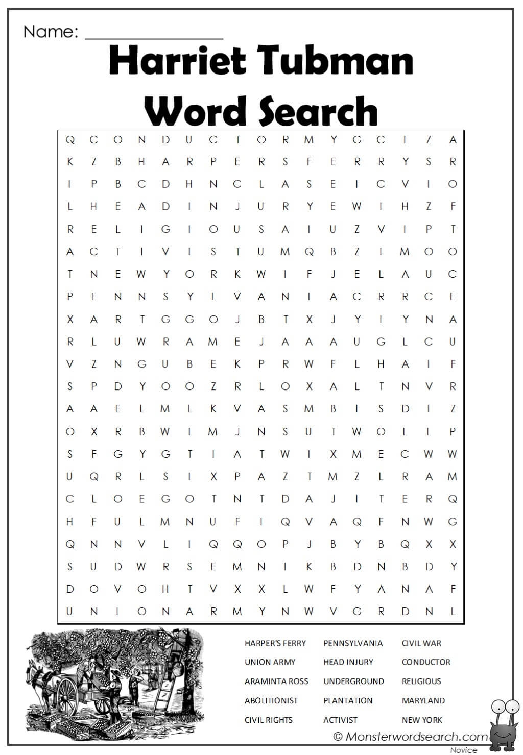 Harriet Tubman Word Search Monster Word Search