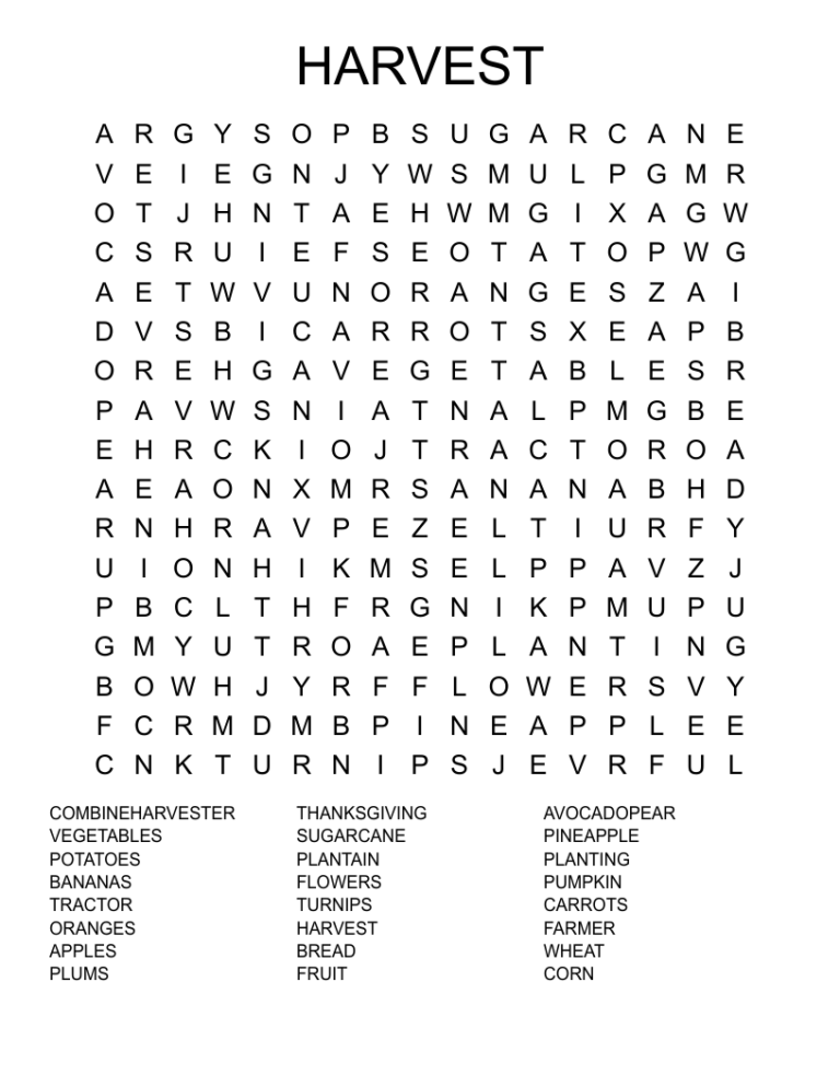 HARVEST Word Search WordMint