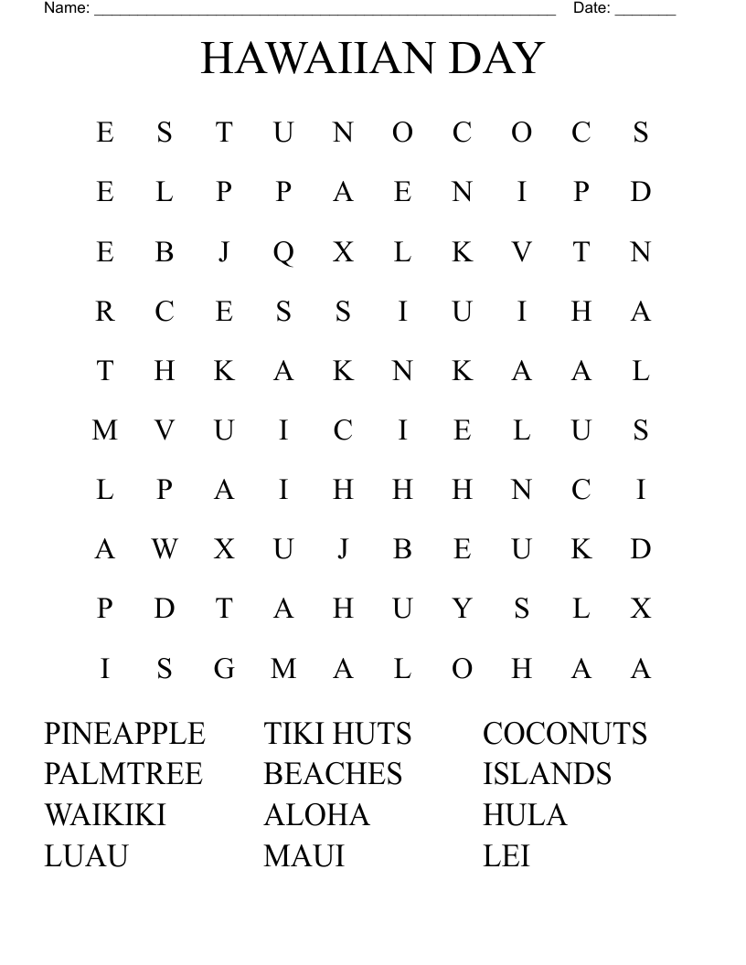 HAWAIIAN DAY Word Search WordMint