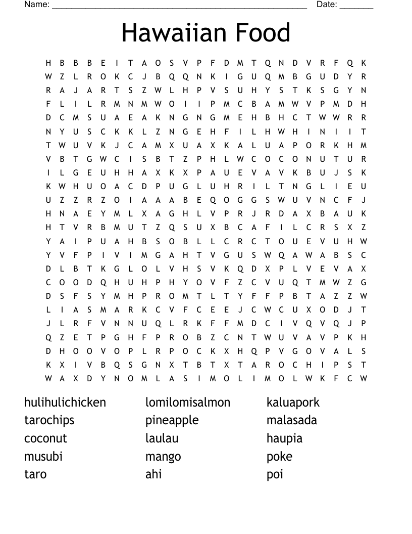 Hawaiian Food Word Search WordMint