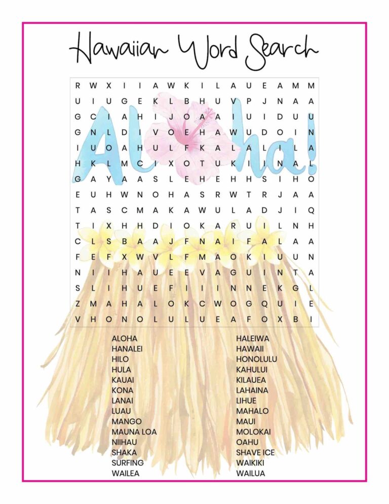 Hawaiian Word Search Printable For Kids