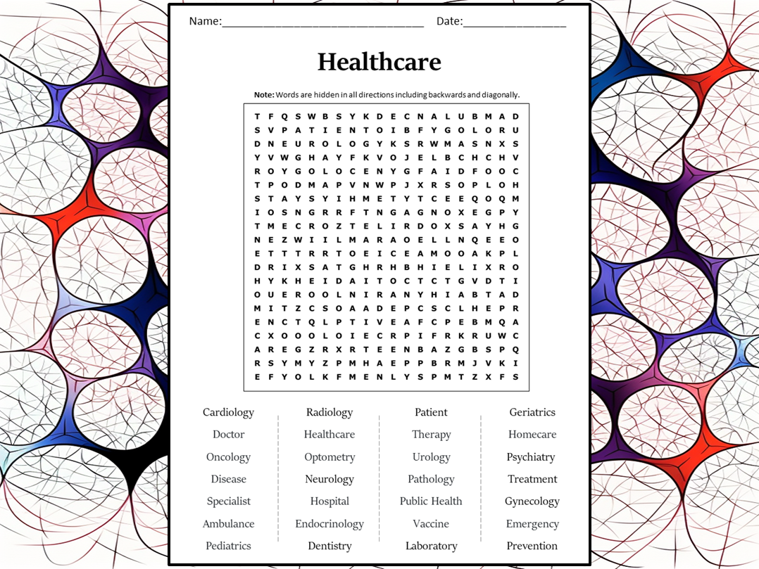Healthcare Word Search Puzzle Worksheet Activity Teaching Resources