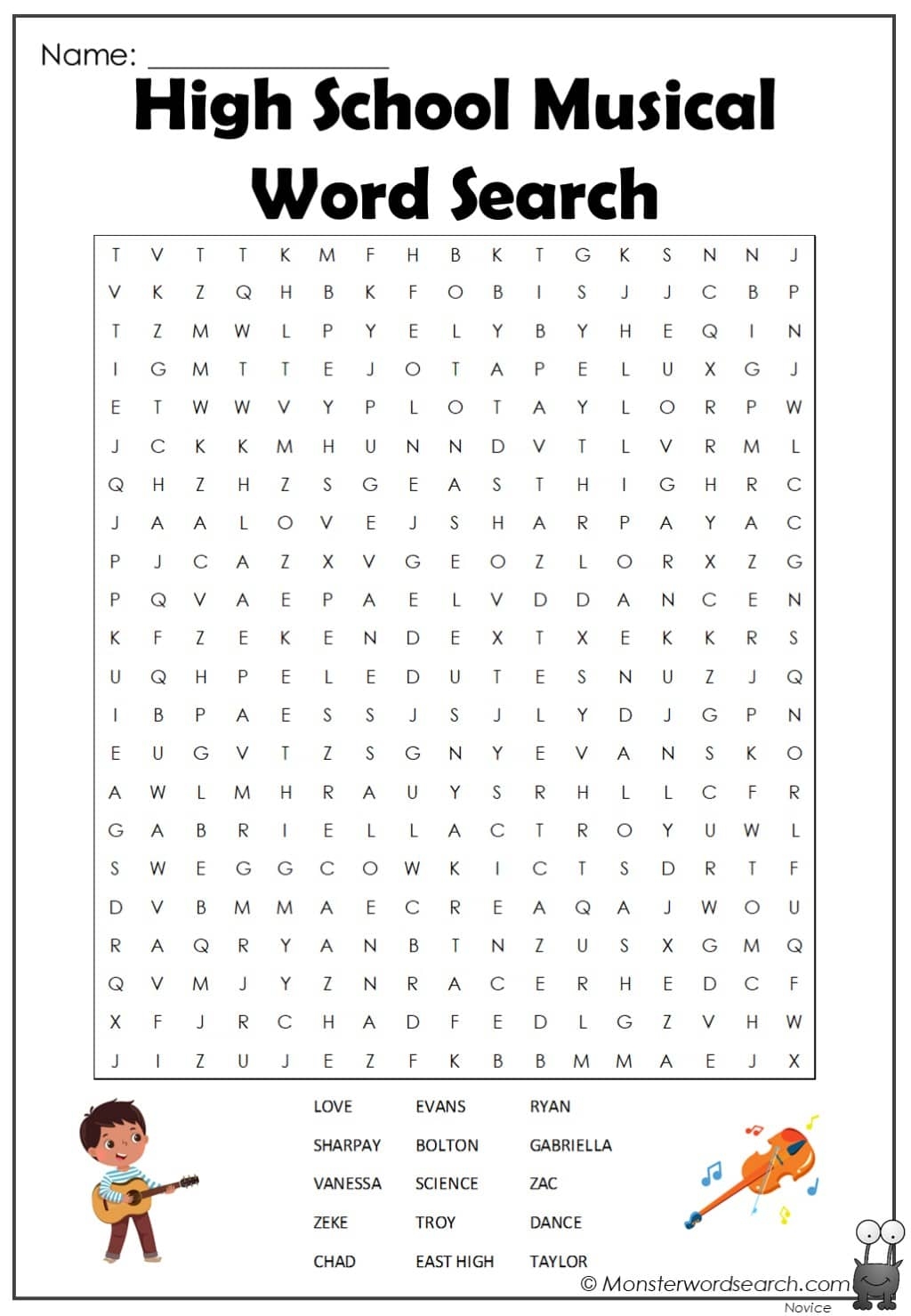 High School Musical Word Search Monster Word Search