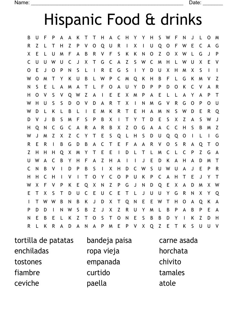Hispanic Food U0026 Drinks Word Search WordMint